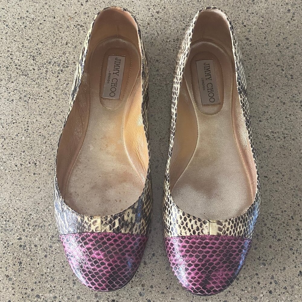 Jimmy Choo "Whirl" Purple, Ivory and Grey Snakeskin Flats (Size 39.5 EU)